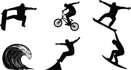 Extreme sports silhouettes, skateboarding, BMX biking, snowboarding, surfing wave, action sports icons, black silhouette illustration, adrenaline activities, outdoor adventure, motion art