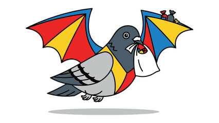 Winged Messenger in Flight: A whimsical illustration of a pigeon soaring through the air, wings outstretched, a paper in its beak, carrying a message. Symbolizing communication and delivery.