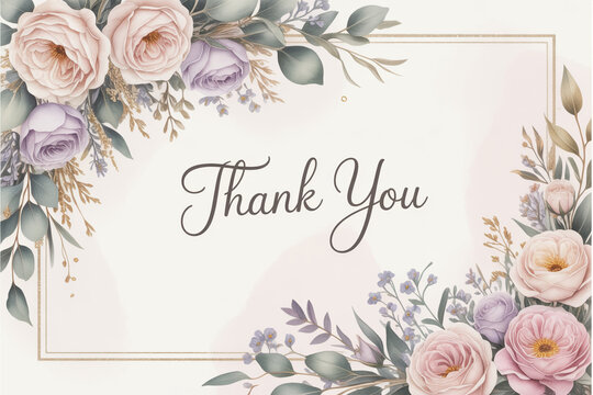 Elegant watercolor floral frame with soft pink and lavender roses delicately surrounding a heartfelt 'Thank You' message perfect for beautiful invitations and charming stationery designs