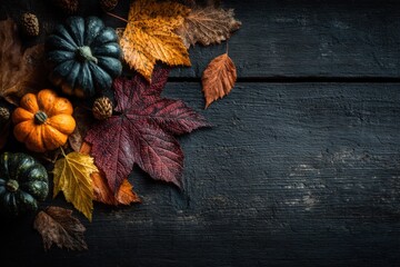 Creative autumn Halloween layout with various leaves and pumpkins 