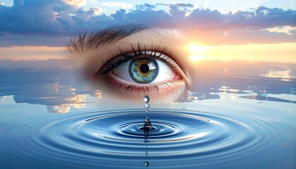 Realistic Eye with Tear Falling into Reflection of Calm Water