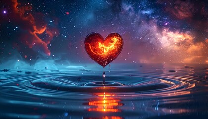 Surreal Glowing Heart Dissolving into Tear Creating Cosmic Ripple Waves
