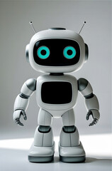 Naklejka premium A cute, cartoon-style robot stands against a plain background. It has a rounded, glossy white body with prominent black and blue eyes. The robot features articulated arms and legs, and small antennas 