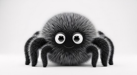 Cute fluffy black cartoon spider character with big innocent eyes in a black and white 3D rendering. Halloween Decoration Theme
