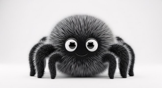 Cute fluffy black cartoon spider character with big innocent eyes in a black and white 3D rendering. Halloween Decoration Theme