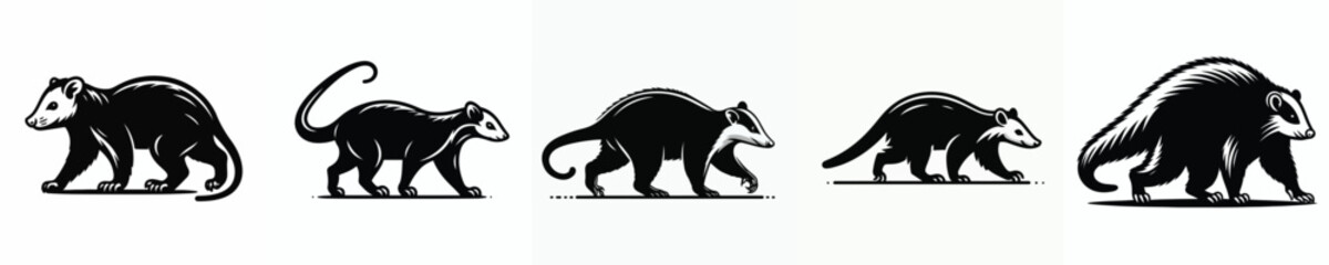 vector black and white silhouette of an opossum