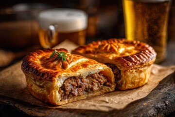 Delicious savory meat pies with golden crust on wooden surface.