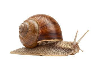 Garden snail isolated on transparent background, brown shell snail with antennae crawling slowly, mollusk animal, gastropod, nature wildlife