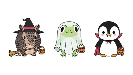 Halloween Critter Party: A whimsical trio of Halloween-themed critters, each uniquely costumed with charming festive details: Armadillo, Frog, and Penguin, each holding a trick-or-treat bucket