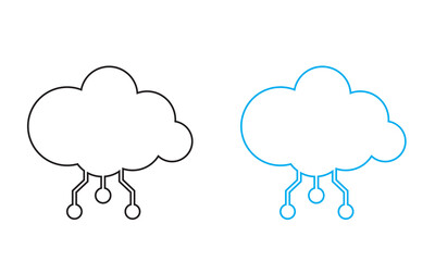 Black and blue cloud computing icons. Vector illustration of black and blue cloud shapes with circuit lines beneath, representing cloud computing, digital storage, and technology.

