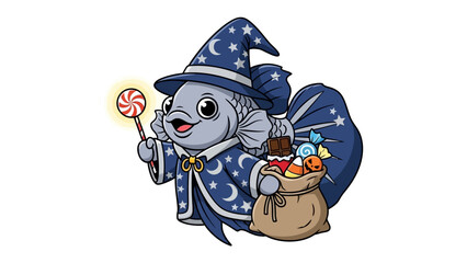 Wizard Fish on Halloween: A whimsical illustration shows a smiling fish dressed as a wizard, complete with a star-adorned hat and a candy-filled sack for trick-or-treating during Halloween season.