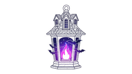 Enchanting Halloween Lantern: An artful illustration of a mystical Halloween lantern, featuring an eerie, flickering flame within, illuminated by stars and shadows, and the silhouette of bats.