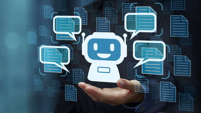Retrieval-Augmented Generation RAG. Semantic search for enterprise internal documents. Businessperson holding AI chat bot icon.
