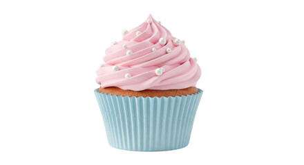 Pink frosted cupcake with pearl sprinkles isolated, sweet dessert for birthday party and celebration PNG