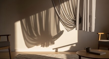 Sunlit Interior with Flowing Curtains and Warm Shadows.