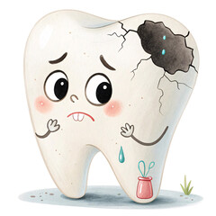A cheerful tooth with a cracked surface shows signs of distress, highlighting the importance of dental care. A small jar nearby hints at dental treatment solutions