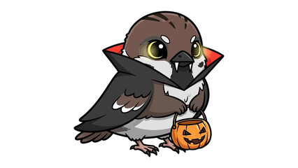 Halloween Sparrow: A cute sparrow with a captivating look and costume ready to celebrate Halloween, holding a Jack O'Lantern basket and exuding an inviting spirit.