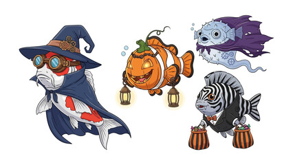 Halloween Costumed Fish: A delightful assortment of animated, Halloween-themed aquatic creatures, artfully attired in festive costumes, ready to celebrate the spooky season.