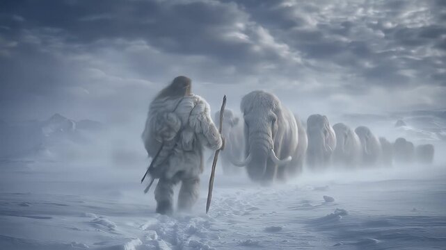 Prehistoric human figure walking in snow beside a herd of mammoths with detailed fur textures soft diffused light and a cold wintery setting creating a historical scene
