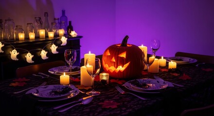 Halloween table setting with a lit jackolantern candles and ghost string lights