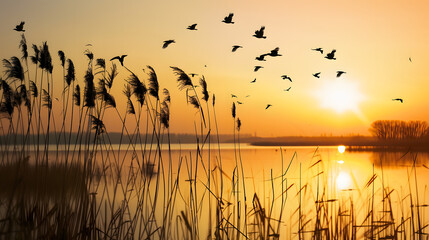 Geese Flying Over a Beautiful Sunset: V-Formation Flock Gliding Through Golden, Orange & Pink Sky Hues, Casting Silhouettes Against Warm Dusk Light for a Serene Natural Landscape