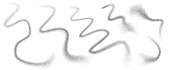 Noise gradation fly stroke shapes set. Grainy texture splash wavy long elements. Dark sand dotwork forms. Vector gritty wavy lines. Grunge food figures.