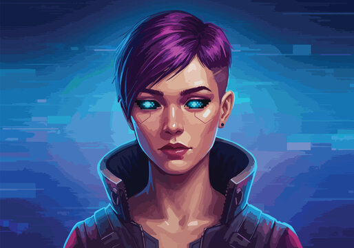 A futuristic portrait of a woman with purple hair and glowing blue eyes, looking forward.