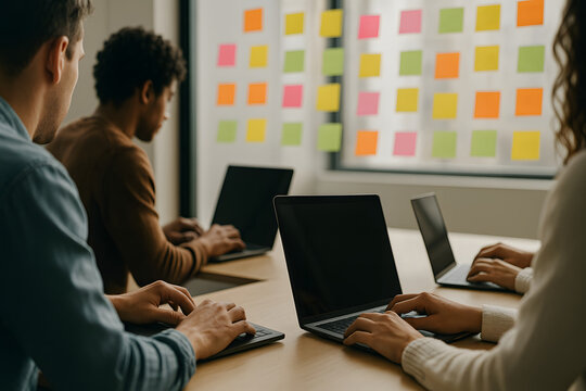 a whiteboard covered in colorful sticky notes in the foreground, colleagues collaborating in a modern, open-plan workspace, representing brainstorming