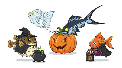 Spooky Halloween fish celebration: A whimsical Halloween scene features several unique fish characters dressed in festive costumes, gathered around a carved pumpkin, to celebrate the holiday. 
