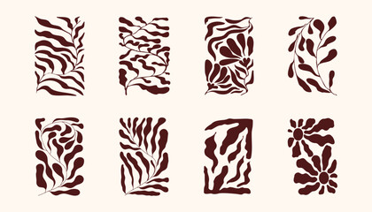 Abstract trendy flower set aesthetic, boho y2k nature hand drawn poster, retro geometric print. Line groovy organic graphic.