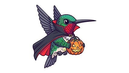 Hummingbird's Halloween Costume: An adorable hummingbird is costumed as a vampire for a touch of playful fantasy. Holding a carved pumpkin, it's ready to spread Halloween spirit.