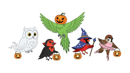 Halloween Avian Gathering: A whimsical illustration showcasing a delightful collection of birds, each adorned in unique Halloween costumes, set against a vibrant background.