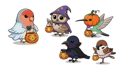 Halloween Birds: A cute illustration showcases six adorable birds in creative Halloween costumes, each holding a Jack-o'-Lantern, set against a cheerful background.