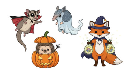 Halloween Animal Cartoon: Four cute, cartoon animals are dressed up in their Halloween best with a hint of enchantment, setting the stage for a season of spooktacular fun!