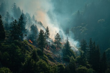 Forest fire raging through dense pine trees with smoke billowing into the sky.