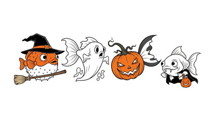 Halloween Fish Carnival: Four playfully costumed fish bring the spooky spirit of Halloween to life, celebrating with whimsical costumes like a witch, ghost, pumpkin.