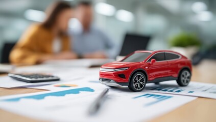 Red toy car on a desk with financial documents and a calculator, symbolizing car financing or insurance.
