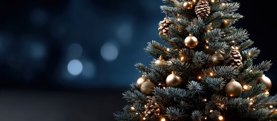 A Christmas tree is adorned with gold decorations and pine cones