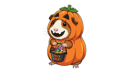 Happy Halloween Hamster: A cute hamster dressed in a pumpkin costume holding a trick or treat basket, ideal for holiday fun. 