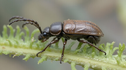 Naklejka premium Beetle Prasocuris phellandrii, parasite, Larvae free on the leaves marsh plants.