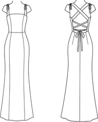 Elegant dress sketch, fashion illustration, technical drawing, evening gown, front back view, garment design, vector template