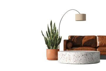 Sofa with Transparent Background and Tall Potted Plant Beside Round Table Under Modern Lamp Interior Design in Brown and White