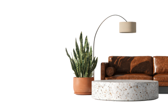 Sofa with Transparent Background and Tall Potted Plant Beside Round Table Under Modern Lamp Interior Design in Brown and White