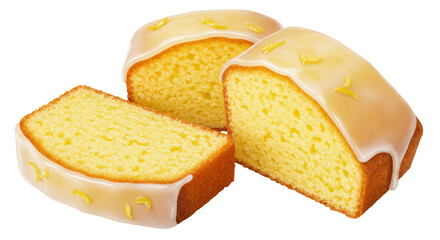 Lemon pound cake slices with glaze isolated, delicious dessert for tea time and special occasions PNG