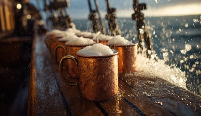 Four Moscow Mules in Copper Mugs on a Boat Deck with Splashing Water.