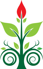 Stylized blooming plant symbol with red bud and green leaves growth concept