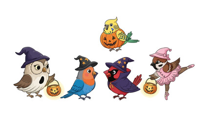 Halloween Bird Celebration: A whimsical array of costumed birds, showcasing a charming collection of animals in Halloween attire. Each bird wears a unique costume and carries a lit jack-o'-lantern.