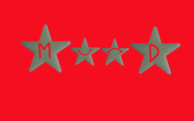 Artistic mood writing within star symbols on a vibrant red background