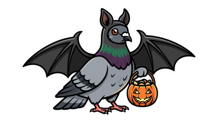Halloween pigeon: A whimsical and festive illustration showcasing a pigeon dressed up in a Halloween costume holding a carved pumpkin bucket. The artwork embodies the spirit of Halloween.