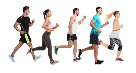 Obraz premium Sporty men and women running on white background
